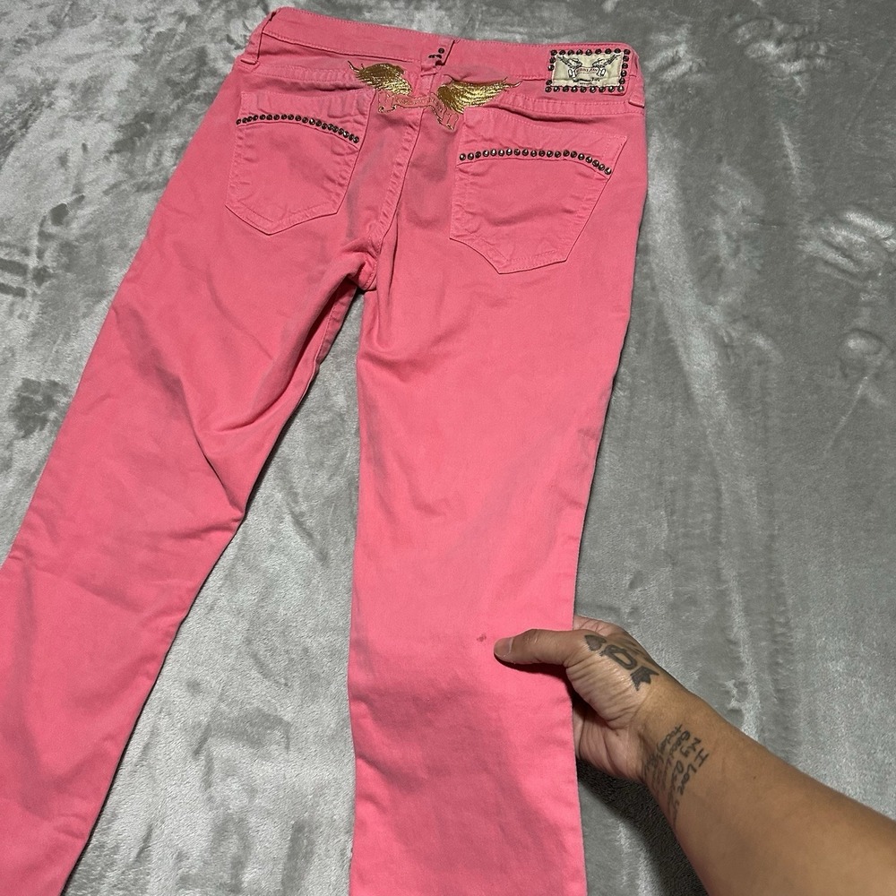 Y2K Robins Marilyn Low Rise Jeans Womens 29 Pink Embroidered Bejeweled Bimbocore - Picture 7 of 14